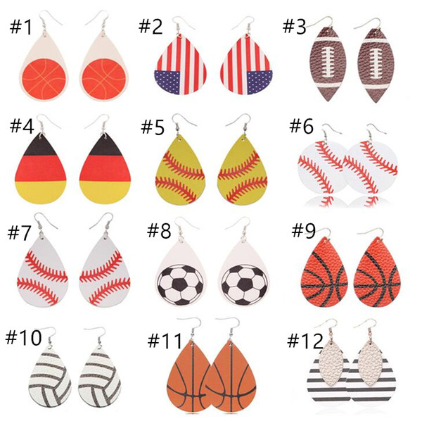 Fashion Sports Styles PU Leather Droplet shape Earrings Vintage Baseball Football America National Flag Earring Kids Jewelry T10C001