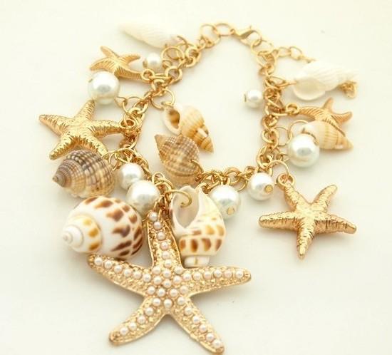 Hot! Pearl Starfish Shell Metal Bracelet Women's Fashion Ladies Golden Valentine's Day Gift Girls Jewelry Accessories Sunbeach Jewelry M3162