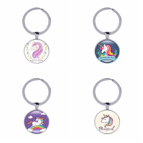 Unicorn Keychains Cut Rainbow Horse Keyrings Free DHL Kids Gifts Children Jewelry Bag Accessories Handmade Glass Cabochon Key Ring