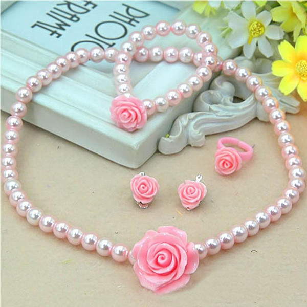 Fashion Jewelry Imitation Necklace Bracelet Ring Ear Clips Set Pearls Kids Girls Child Flower Shape Accessories