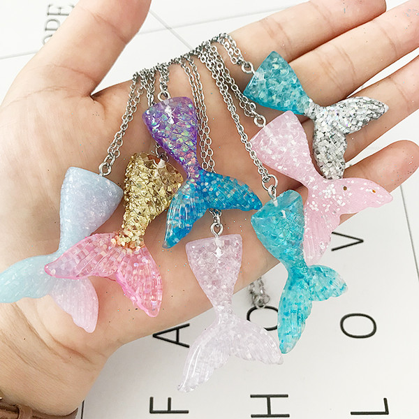 15PCS/LOT Glitter Mermaid Tail Pendant Necklace 45cm 50cm 60cm Stainless Steel Chain Necklace Cute Birthday Gift Handmade Jewelry