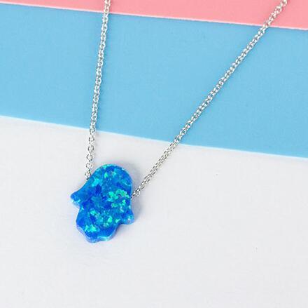 Fashion Blue Opal Pendant Necklace Solid 925 Sterling Silver Hamsa Hand Necklace With Chain Christmas Jewelry