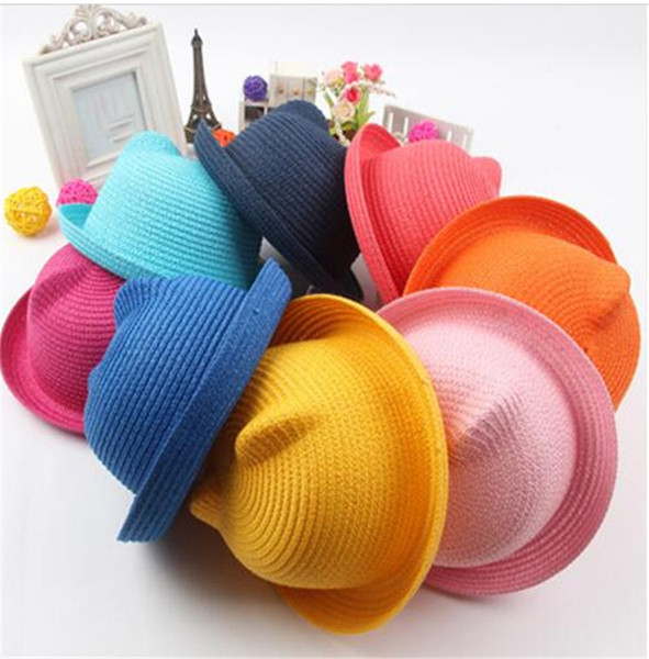 Straw Hats Kids Character Ear Decoration Summer Cap Baby Sun Hat For Girl Boys Bucket Cap For Children Hat Beach Panama Caps TO599