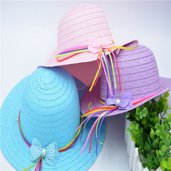 New Fashion Summer Children's Sun Hats Girl Bow Cap with Tassels Kid Big Brim Shade Sunscreen Girls