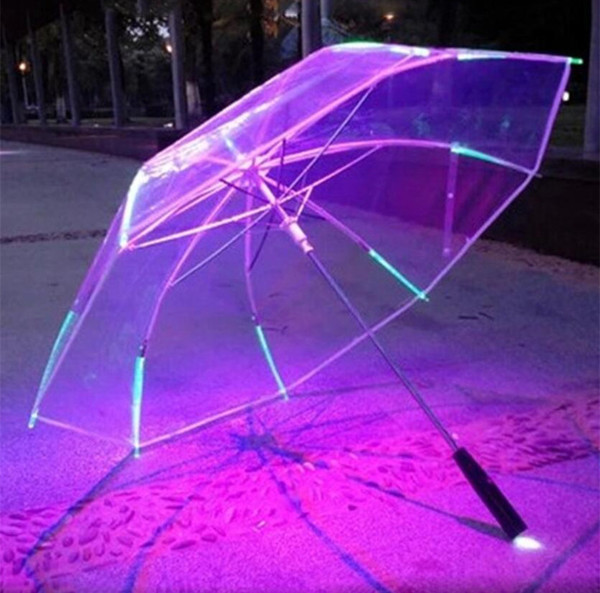 SALE LED Luminous Transparent Umbrella Rain Changing Color Kids Women Long-handle Advertising Umbrellas Boutique E3403