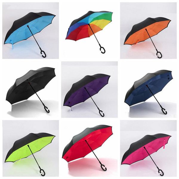 Windproof Folding Umbrella C Handle Reverse Umbrellas Inverted Double Layer Outdoor Sunny Rainy C-Hook Handsfree Umbrella for Car YP7335