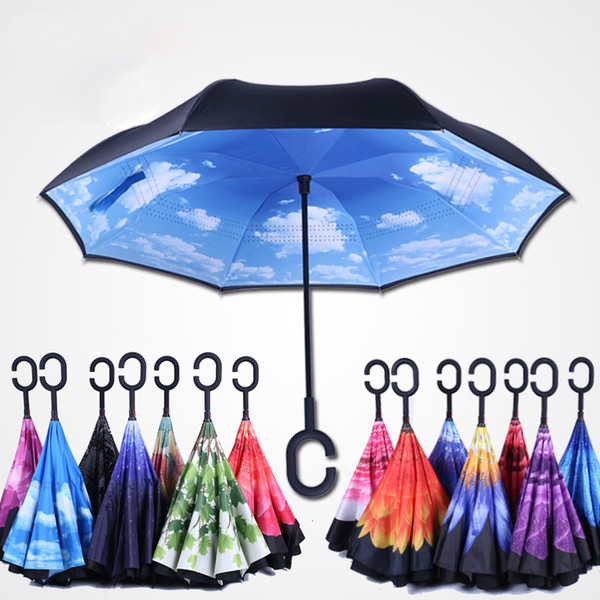 C Handle Umbrellas Windproof Reverse Folding Double Layer Auto close Umbrella Inverted Sunny Rainy C-Hook hands free Umbrella 70styles C1965