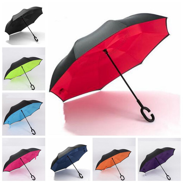 Inverted Umbrella C Handle Reverse Umbrellas Windproof Folding Double Layer Inside Out Sunny Rainy C-Hook Handsfree Umbrella for Car PPY7335