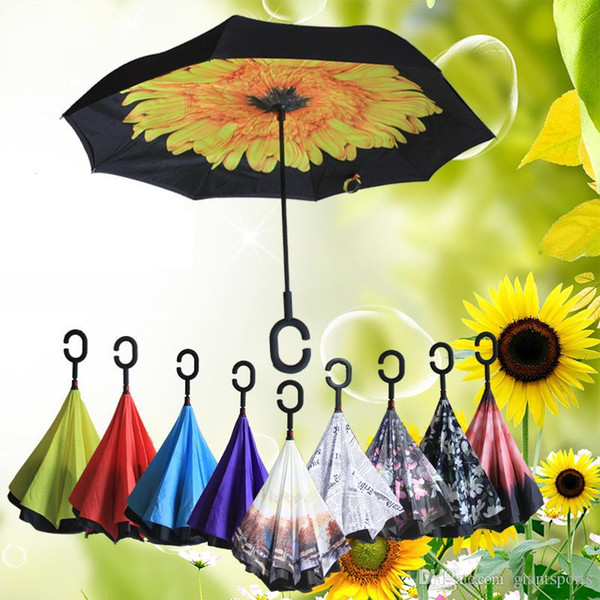 Double Layer Inverted Umbrella Outdoos Fold Upside Down Fabric Windproof C-Handle Reverse Umbrella Out Windproof Umbrella 30 Color