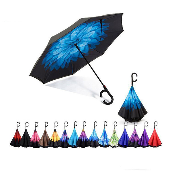 Reverse Folding Umbrella Floral Print Double Layer Inverted Umbrellas C Hook Self Stand Inside-out Umbrella Windproof Sunshade 40 designs