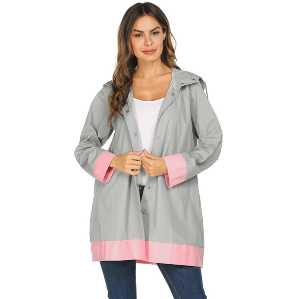 Women Fashion Hooded Long Sleeve Contrast Outdoor Color Patchwork Rain Above Knee, Mini Jacket All Seasons