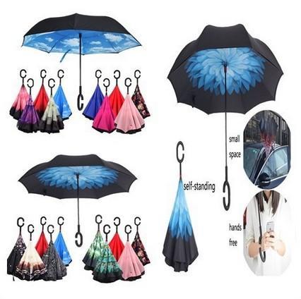 Fashion Travel Umbrella Windproof Inside/Outside Car Umbrella Reverse Folding Double Layer Inverted Umbrella Rain Protection C-Hook Rain Gea