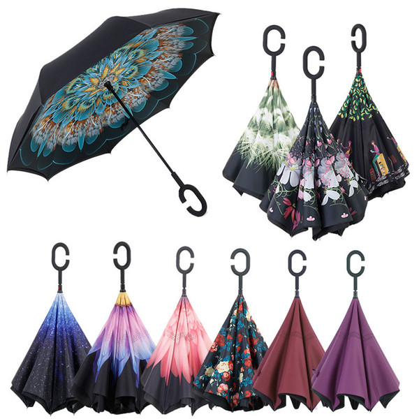 3D flower Windproof Reverse Folding Double Layer Inverted Umbrella Self Stand Inside Out Rain Protection C Hook Hands kids Umbrella B