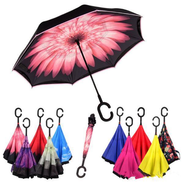 Windproof Reverse Folding Double Layer Inverted Umbrella Self Stand Inside Out Rain Protection C Hook Hands For Car 2018 hot sell