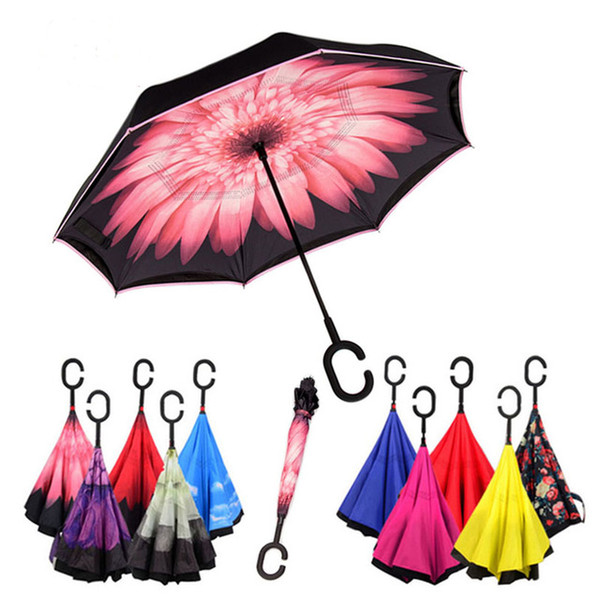 80 colors Windproof Reverse Folding Double Layer Inverted Umbrella Self Stand Inside Out Rain Protection C Hook Hands For Car