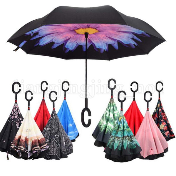 Folding Reverse Umbrella 29 Styles Double Layer Inverted Long Handle Windproof Rain Car Umbrellas C Handle Umbrellas Kids Rain Gear OOA5239