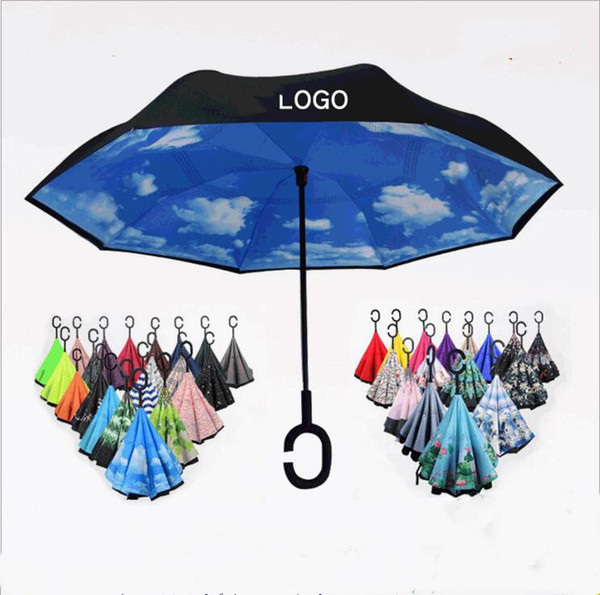 Reverse Umbrella C-Hook Windproof Inverted Umbrellas Self Stand Umbrellas Long Shank Double Layer Handle Umbrellas Windproof Rain Gear LT40