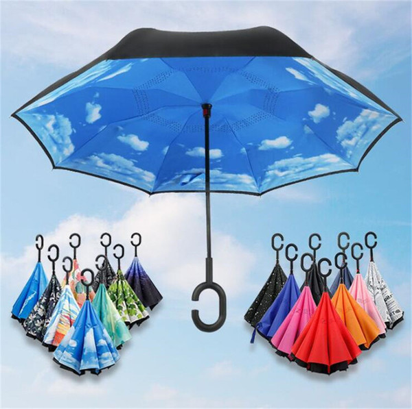 Inverted Chuva Umbrellas Reverse Folding Umbrella C Handle Double Layer Self Stand Inside Out Rain Protection C-Hook Car Hands A2206