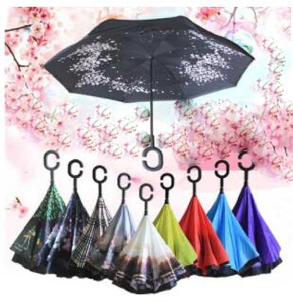 40 color Inverted Umbrella Windproof Reverse Folding Double Layer Self Stand Inside Out Rain Protection C Hook Hands For Car