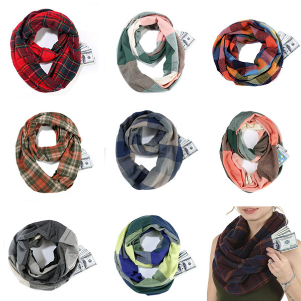 Women Travel Scarf Plaid Infinity Loop Scarves Ring Zip Pocket Snood Neckerchief Wrap Check Shawl Collar Lattice Neck Scarf Pashmina A112703