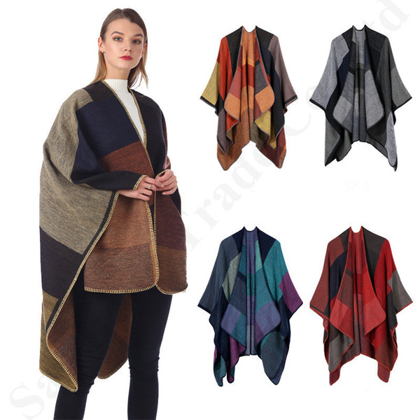 130*155cm Plaid Poncho Women Vintage Shawl Floral Scarf Knit Cashmere Scarves Overall Wraps Lady Winter Warm Cape Cardigan Cloak Coat B3023