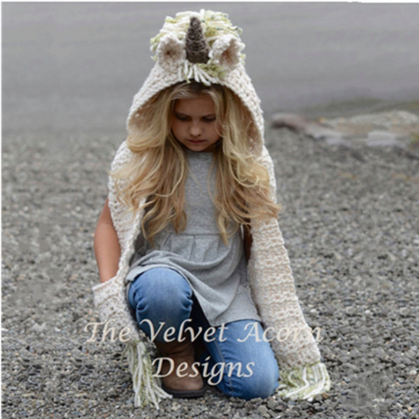 70CM Winter Girls Unicorn Hooded Scarf Unique Kids Creative Hat with Pocket Warm Girls Knitted Hat Children Clothes 6-12 Years