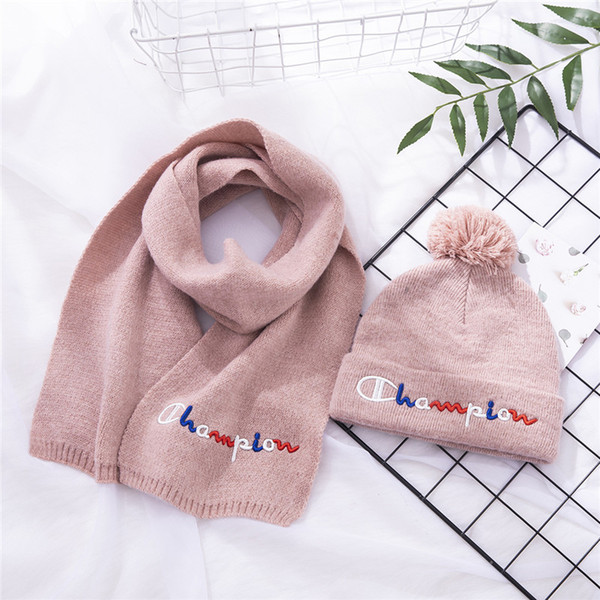 Champion Kids Scarf Hats 2pcs/Set Boy Girls Autumn Winter Warm Thicken Knit Beanies Casual Long Scarves Gorro Child Design Skull Cap C103102