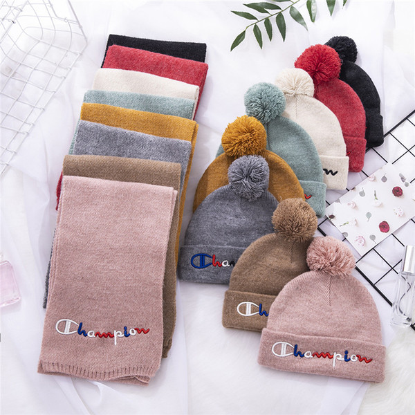 Champion Brand Kids Scarf and Hats 2 Pieces Set Boys Girls Winter Warm Knit Beanies Long Scarves Children Luxury Pompon Caps Outwear C103102