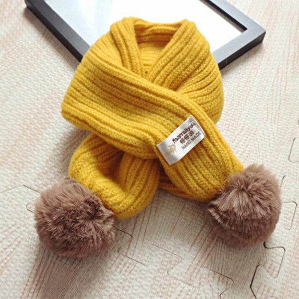 Winter Solid Color Warm Creative Double Ball Warm Knitting Wool Scarf For Baby Kids PomPoms Children Cross Scarves Fur Ball