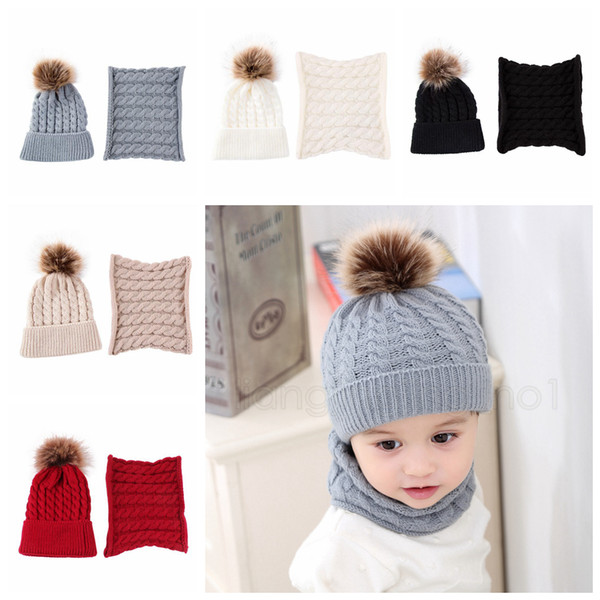 5styles Knitted fur ball Beanie Kids Winter Warm Scarf Set Autumn Cap Wool Solid Boy Girls Hat Children Hat Scarf Collar 2pcs/Set FFA2882-2