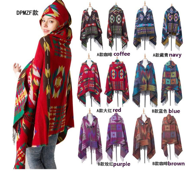 Hot Sale Horn Buckle National Wind Hooded Cape Plad Shawl Girls Bohemian National Wind Hooded Shawls Autumn and Wind Warm Wraps