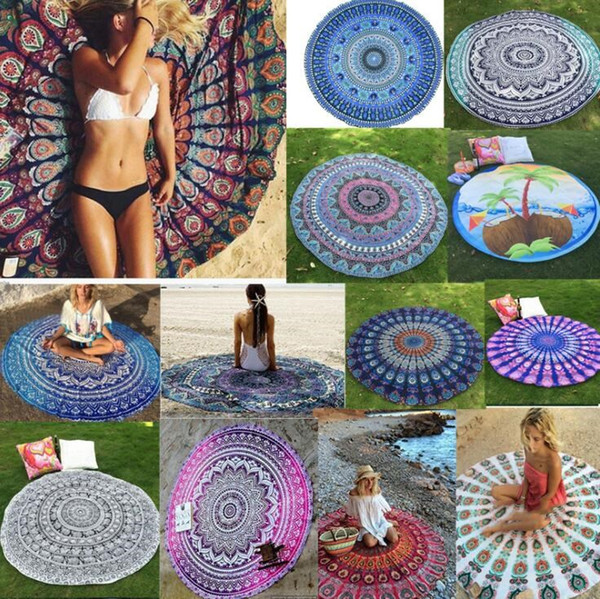 Beach Rug Fashion Circle Polyester European American Style Peacock Tail Cartoon Printed Lady Wraps Beach Towel Summer Picnic Rug WY530