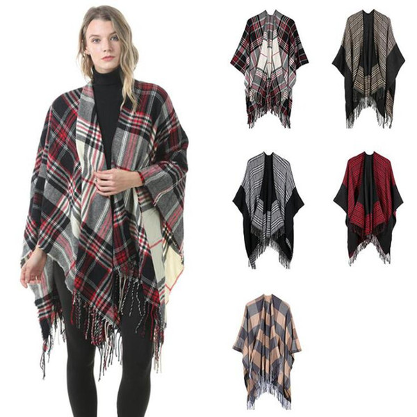 Plaid Pashmina 6 Colors Fashion Winter Warm Plaid Ponchos Cape Oversized Shawls and Wraps Cashmere Wraps 6pcs O-LJO7148