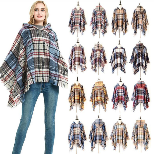 Women Wraps Plaid Winter Hooded Cape Fringed Knit Shawl Wearable Fashion Scarf Casual Shawl Wraps Cloak Outdoor Sweater Warm Blankets WY36Q