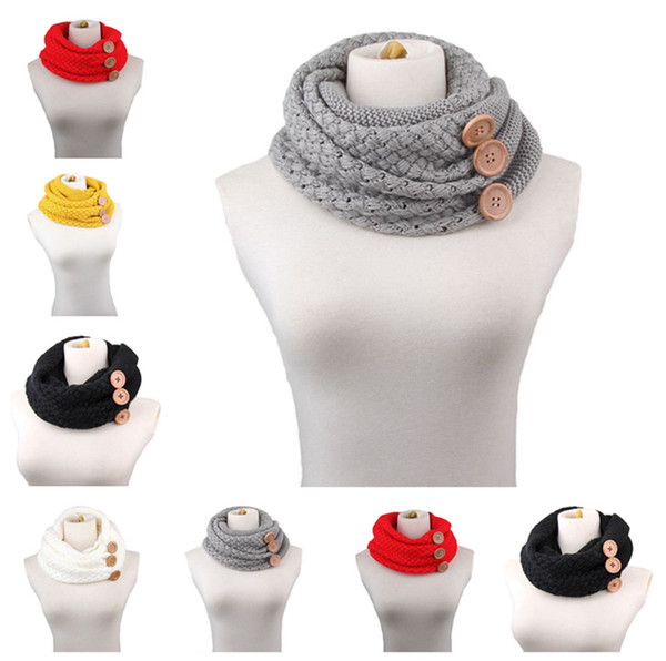 Winter Warm Knit Infinity Scarf Luxury Women Solid Color Crochet Pattern Basic Chunky Big Button Knit Snood Ring Scarf JLE53