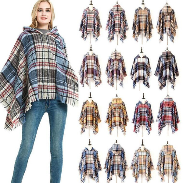 Wraps Plaid Winter Hooded Cape Fringed Knit Shawl Wearable Fashion Scarf Casual Shawl Wraps Cloak Outdoor Sweater Warm Blankets WY36Q