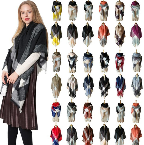 140CM Scarves Girls Double color Shawl Grid Oversized Tassel Wraps Lattice Triangle Neck Scarf Pashmina Winter Neckerchief Blankets