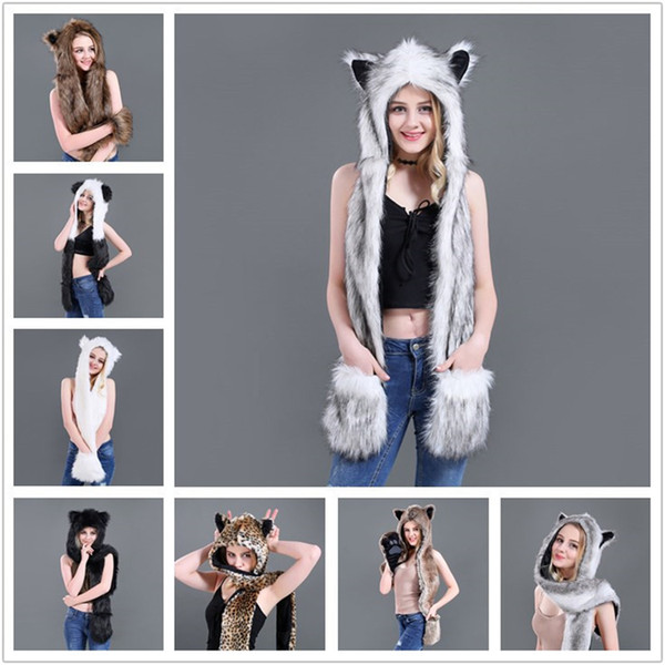 16 Styles Faux Fur Hood Animal hat Ear Flaps Hand Pockets Animal Hat Wolf Plush Warm Earmuff Animal Cap scarf gloves Wholesale ZJY996