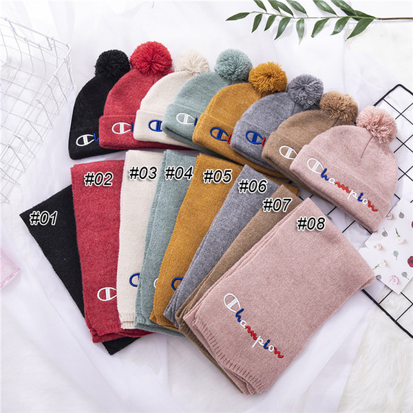 champion Letter Kids beanies Wool Knitted Cap+Scarves two-piece Winter Warm Wool Knitted Skullcap 2-10T Kids Knitted Scarves wholesal TSS365