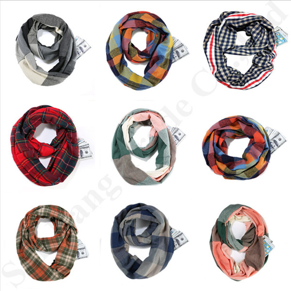 Women Plaid Infinity Loop Scarf Travel Zip Pocket Snood Neckerchief Grid Wraps Check Shawl Collar Lattice Neck Scarf Winter Pashmina A112703