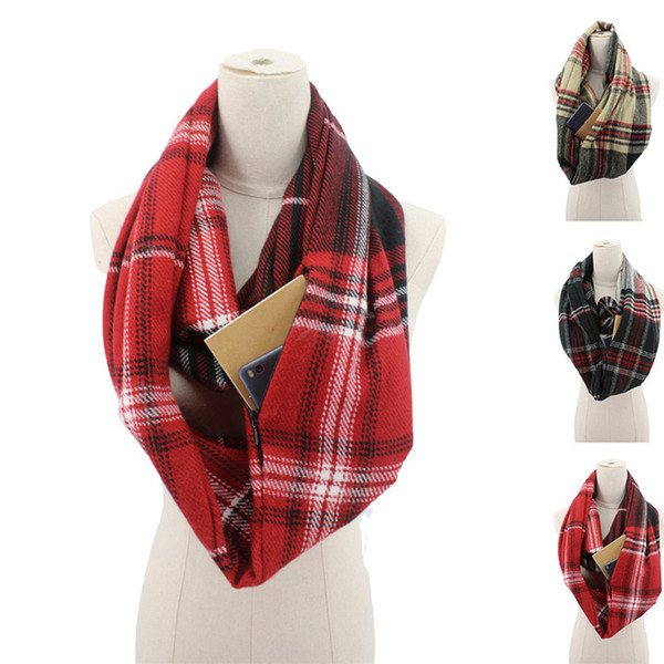 Fashion Women Plaid Zipper Scarf Invisible Pocket Scarves Lady Plaid Neckerchief Winter Warm Wrap 3styles RRA1954