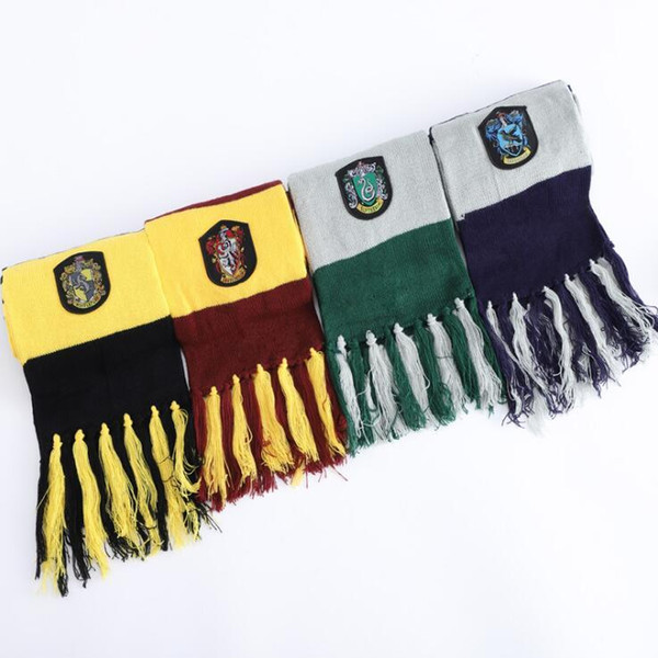 4 Styles Harry Potter College Scarf Gryffindor Slytherin Hufflepuff Ravenclaw Knitted Neckscarf With Badge Tassel Scarves CCA11145 20pcs