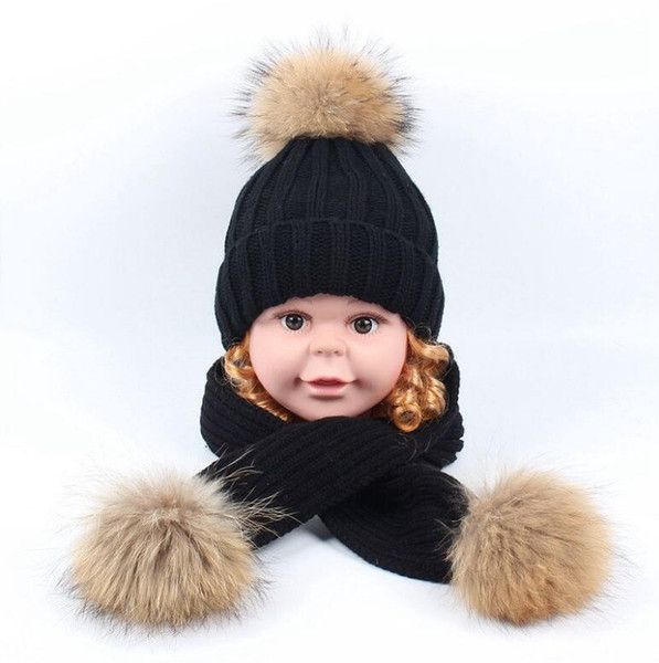 Brand Children Cap Suit two-piece autumn and winter water mink hair ball Thick Knit Hat shawl Kids boy girl baby hat scarf set