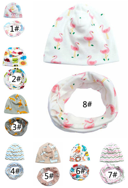 8 Styles INS Baby Printing hat+O Ring Neckerchief 2pcs Set 2018 Fashion Baby Cotton Striped Fox Flamingo Cartoon Printing Cap and Scarf Sets