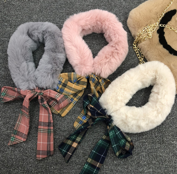 Children faux fur Scarves girls plaid lace-up Bows scarf kids plush princess collar scarves autumn winter baby girls warm ring F3106