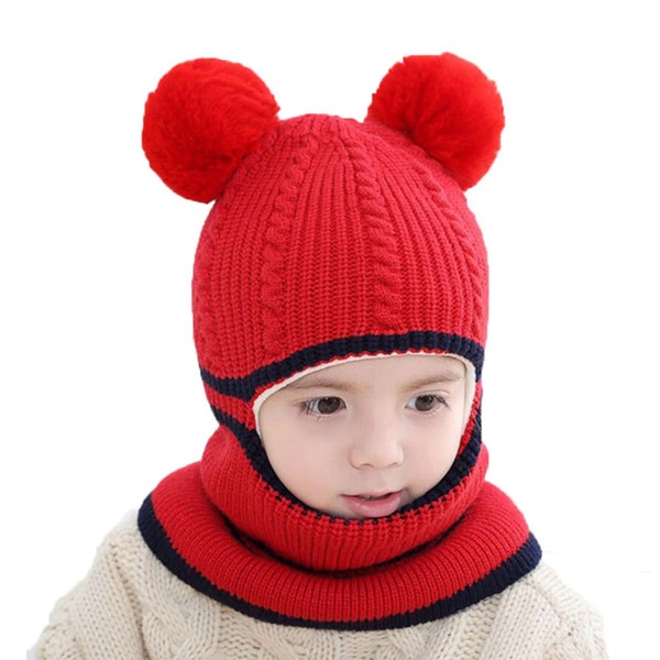 Beanie Warm Hat Kids Children Knitted Hooded Scarf Winter Circulal Knit Striped Pom Pom Earflap Cap Scarves Child Accessories M6931