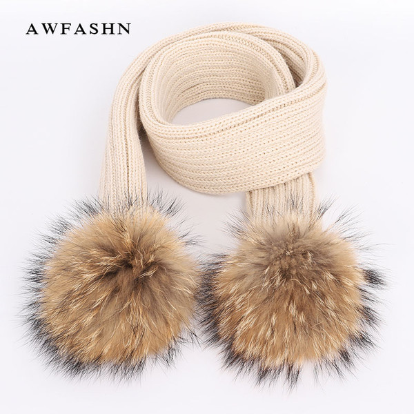 2018 New Lovely Children's Raccoon Fur pom poms Scarf Winter High Quality Knit Scarves Fashion Boy Girl Warm Kerchief Shawl Kids