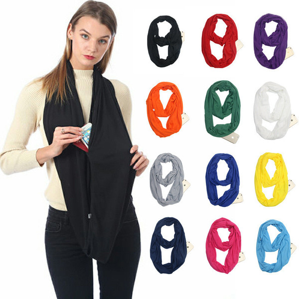 Winter Infinity Scarves With Zipper Pocket Travel Storage Neckerchief Large Ring Scarves Solid Color Loop Scarf Women Girls Warm Collar Hot