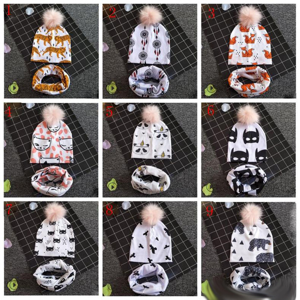 Baby Animals Prints INS Beanie Hats panda Shark Bear Girls Boys Faux Fur Pompom Ball Earmuffs cap+scarves set