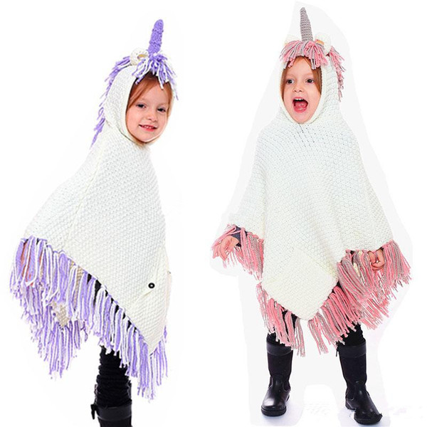 children girls tassel Knit Poncho cartoon unicorn Hooded Cape Warm winter Shawl cloak for Baby Christmas dress up